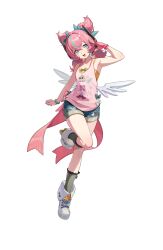  1girl absurdres aria_(human)_(cuteness_loading)_(zenless_zone_zero) aria_(human)_(zenless_zone_zero) aria_(zenless_zone_zero) bad_source bare_arms bare_shoulders blue_eyes boots bow bracelet gloves green_hair highres jewelry kneehighs looking_at_viewer multicolored_hair open_mouth pink_gloves pink_hair pink_ribbon pink_shirt pink_tank_top ribbon shirt short_shorts shorts single_glove sleeveless socks solo standing streaked_hair tank_top transparent_background twintails zenless_zone_zero 