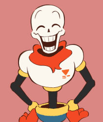  1boy 2025 2d armor blue_shorts cape closed_eyes digital_media facing_viewer gloves hands_on_own_hips happy highres hip_bones humanoid male male_focus male_only miki_288 monster monster_boy open_mouth papyrus_(undertale) print_armor red_cape red_gloves shorts simple_background skeleton smile solo spine straight-on teeth undead undertale upper_body utdr_(toby_fox) white_armor white_background yellow_trim 