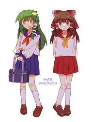  2girls alternate_costume arms_behind_back artist_name bag blue_skirt bow brown_eyes brown_hair brown_shoes collared_shirt commentary_request dated frilled_bow frills frog_hair_ornament full_body green_hair hair_bow hair_ornament hair_tubes hakurei_reimu highres holding holding_bag kneehighs kochiya_sanae loafers long_hair long_sleeves looking_at_viewer mg2si multiple_girls neckerchief open_mouth pleated_skirt red_bow red_neckerchief red_skirt school_bag shirt shoes simple_background single_hair_tube skirt smile snake_hair_ornament socks touhou white_background white_shirt white_socks yellow_eyes yellow_neckerchief 