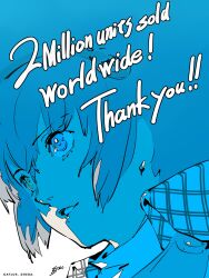  1boy artist_name atlus blue_background blue_eyes blue_hair blue_theme close-up commentary_request company_name english_text heterochromia highres looking_ahead metaphor:_refantazio milestone_celebration official_art parted_lips protagonist_(metaphor:_refantazio) sega signature soejima_shigenori solo two-tone_background white_background yellow_eyes 