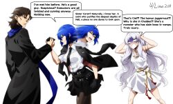  1boy 2girls absurdres armlet bare_shoulders black_gloves black_jacket black_necktie black_robe black_skirt blue_eyes blue_hair blue_scarf bracelet breasts brown_eyes brown_hair caren_hortensia caren_hortensia_(amor_caren)_(first_ascension) cheekbones ciel-sensei_(fate) ciel_(tsukihime) clerical_collar collarbone collared_shirt dress english_text fate/grand_order fate_(series) father_and_child father_and_daughter gloves gold_armlet grigori_rasputin_(fate) hands_on_own_head handshake highres jacket jacket_on_shoulders jewelry kotomine_kirei large_breasts linus208 long_hair long_sleeves low-cut_armhole medium_breasts medium_hair multiple_girls necktie open_mouth pantyhose parent_and_child priest robe scarf shirt short_dress short_hair skirt smile speech_bubble surprised talking thighs tsukihime tsukihime_(remake) wavy_hair white_background white_dress white_hair white_shirt yellow_eyes 