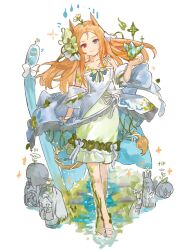  1girl alternate_costume animal_ears archetto_(arknights) arknights blonde_hair blue_eyes chinese_commentary commentary_request crossed_ankles crystal dress flower flower_on_head full_body grass green_dress green_ribbon hand_up heterochromia highres hongshaoniuroudamifen leaf lion_ears lion_girl lion_tail long_hair looking_at_viewer moss object_floating_above_hand red_eyes ribbon shoes smile solo standing statue tail water white_background white_dress white_shoes 