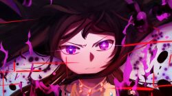  1girl akemi_homura akuma_homura bare_shoulders black_hair commentary_request dark_orb_(madoka_magica) dress highres jewelry long_hair mahou_shoujo_madoka_magica mahou_shoujo_madoka_magica:_walpurgis_no_kaiten necklace nein427 solo soul_gem_(madoka_magica) violet_eyes 