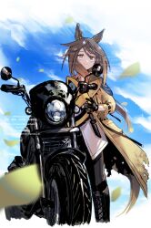  1girl absurdres animal_ears animal_helmet black_boots black_gloves black_pants blue_sky boots brown_hair clouds cloudy_sky coat collared_shirt ear_covers ears_under_headwear eyes_visible_through_hair falling_leaves floating_hair gloves helmet highres holding holding_unworn_helmet horse_ears horse_girl horse_tail leaf long_hair looking_ahead low_ponytail motor_vehicle motorcycle motorcycle_helmet multicolored_hair open_collar outdoors pants pink_eyes ponytail shirt sky smile solo stay_gold_(sunlit_outsider)_(umamusume) stay_gold_(umamusume) streaked_hair sugomori_tsuru_(hana_tsuru_wo) tail torn_clothes torn_coat torn_sleeves umamusume untucked_shirt unworn_headwear unworn_helmet watermark white_shirt white_streaks yellow_coat 
