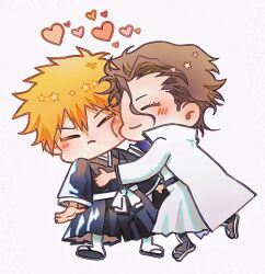  2boys aizen_sousuke aizen_sousuke_(hueco_mundo) black_hakama black_kimono bleach blush brown_hair cheek-to-cheek cheek_press chibi chibi_only closed_eyes closed_mouth commentary english_commentary frown full_body hair_between_eyes hakama heads_together heart highres hug japanese_clothes kimono kurosaki_ichigo long_sleeves male_focus mediekg multiple_boys orange_hair robe short_hair simple_background smile spiky_hair standing v-shaped_eyebrows white_background white_hakama white_robe wide_sleeves 