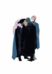  absurdres armor black_armor black_boots black_cape black_fur black_gloves black_pants blonde_hair blue_cape blue_eyes boots breastplate cape commentary_request dimitri_alexandre_blaiddyd dimitri_alexandre_blaiddyd_(timeskip) dual_persona fire_emblem fire_emblem:_three_houses full_body fur-trimmed_cape fur_trim garreg_mach_monastery_uniform gauntlets gloves green_hair hand_on_another's_face head_on_another's_shoulder highres looking_at_another madoushi_0927 male_byleth_(fire_emblem) pants school_uniform short_hair side_cape simple_background standing time_paradox white_background white_fur 