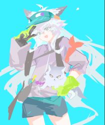  1girl animal animal_ears arknights chinese_commentary commentary_request cowboy_shot fang gloves green_gloves grey_hair hair_between_eyes holding holding_animal hongshan_forest_zoo jacket lappland_(arknights) long_hair long_sleeves looking_at_viewer official_alternate_costume purple_jacket scar scar_across_eye scar_on_face shorts smile solo standing visor_cap wolf wolf_ears wolf_girl xiao_jiaozi_pi 