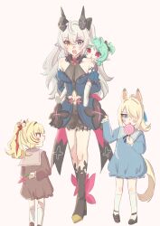  4girls absurdres aged_down alternate_costume animal_ears arm_behind_back bare_shoulders black_horns blonde_hair blue_dress blue_eyes brown_dress candy carrying claret_flint crossed_bangs dress flower food full_body green_hair grey_hair hair_between_eyes hair_ornament hair_over_one_eye hair_ribbon heterochromia high_ponytail highres holding holding_candy holding_flower holding_food holding_lollipop horns horse_ears horse_girl horse_tail lindverne_sunbringer lollipop long_hair looking_at_another mechanical_horns multicolored_hair multiple_girls nomura_(rxnt_n) piggyback pointy_ears ponytail red_eyes red_ribbon red_streaks ribbon roxy_ifrita_pryce sigrid_de_l'azur simple_background socks sphere_hair_ornament streaked_hair swirl_lollipop tail twintails white_socks yellow_eyes zenless_zone_zero 