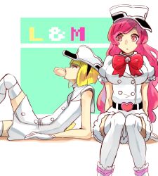  2girls aoi-ble35-7210 arm_support belt black_belt bleach bleach:_sennen_kessen-hen blonde_hair blunt_bangs blunt_ends bob_cut bow bowtie breasts buckle buttons commentary_request double-breasted dress eyebrows_hidden_by_hair feet_out_of_frame flat_chest food food_in_mouth frilled_sleeves frills fur-trimmed_dress fur_trim gloves hair_between_eyes hat heart heart-shaped_buckle knee_up knees_together_feet_apart large_breasts leaning_back leaning_on_person liltotto_lamperd long_hair medium_hair meninas_mcallon military_hat military_uniform multiple_girls peaked_cap pink_hair profile puffy_short_sleeves puffy_sleeves red_bow red_bowtie red_eyes short_dress short_sleeves simple_background sitting sleeveless sleeveless_dress steamed_bun tareme thigh-highs very_long_hair white_background white_dress white_gloves white_hat white_thighhighs zettai_ryouiki 