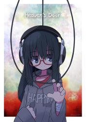  1girl bandaged_wrist bandages black_hair blue_eyes border clothes_writing commentary_request english_text glasses grey_hoodie headphones highres hood hoodie long_hair looking_at_viewer original rascal_(feuille) red-framed_eyewear red_shirt shirt sleeves_past_wrists smile solo straight-on twitter_username white_border 