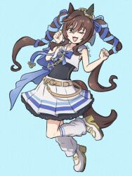  1girl anchor_necklace anchor_ornament animal_ears belt beret blue_bow blue_cape blue_ribbon blush bow breasts brown_belt brown_hair cape covered_navel ear_covers hair_between_eyes hat highres horse_ears horse_girl horse_tail jewelry koshiba_taiyaki long_hair looking_at_viewer loose_socks mole mole_under_eye multicolored_hair necklace one-piece_swimsuit one_eye_closed open_mouth ribbon sailor_collar shirt shoes single_ear_cover skirt smile socks solo streaked_hair swimsuit swimsuit_under_clothes tail twintails umamusume vivlos_(umamusume) vivlos_(voyage_etincelant)_(umamusume) white_hat white_sailor_collar white_shirt white_skirt white_socks 