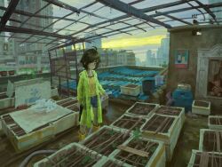  1girl absurdres antenna_hair bandaid bandaid_on_face black_hair boots brick calendar_(object) city cityscape commentary_request denim denim_shorts garden green_eyes greenhouse gun hair_ornament hairclip handgun highres holding holding_hose hose looking_at_viewer on_rooftop original paint_can plant potted_plant raincoat rooftop rubber_boots shanchi shirt short_hair shorts steel_beam stuffed_animal stuffed_toy suppressor teddy_bear weapon yellow_raincoat yellow_shirt 