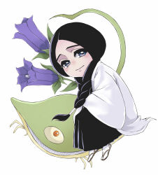  1girl absurdres anno_im black_eyes black_hair black_hakama bleach braid chibi commentary_request flower hakama haori highres japanese_clothes light_smile long_hair minazuki_(shikai) purple_flower solo taichou_haori unohana_retsu white_haori 
