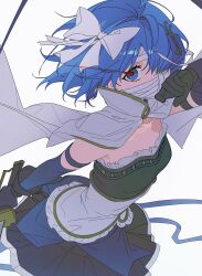 1girl absurdres arm_strap bandage_on_face bandage_over_one_eye bandaged_head bandages black_gloves black_skirt blue_eyes blue_gloves blue_hair blue_ribbon bow cape commentary donggan_maotiao elbow_gloves eye_trail fortissimo frilled_shirt frills gloves gloves_over_elbow_gloves hair_bow hair_ornament hairclip highres holding holding_sword holding_weapon light_trail magical_girl mahou_shoujo_madoka_magica mahou_shoujo_madoka_magica:_walpurgis_no_kaiten messy_hair miki_sayaka miki_sayaka_(magical_girl) musical_note musical_note_hair_ornament one_eye_covered ribbon shirt short_hair simple_background skirt solo strapless strapless_shirt sword untranslatable_commentary weapon white_background white_bow white_cape