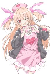  1girl :d apron armband black_jacket blonde_hair blush center_frills collared_dress commentary cowboy_shot dress fang frills hair_ornament hat heart heart_hands highres jacket kmym97457689 long_hair long_sleeves looking_at_viewer natori_sana natori_sana_(nurse) nurse_cap one_eye_closed open_clothes open_jacket open_mouth pink_apron pink_armband pink_hat pleated_skirt rabbit_hair_ornament red_eyes sana_channel simple_background skin_fang skirt smile solo sparkling_eyes thigh-highs two_side_up untranslatable_commentary virtual_youtuber white_background white_dress white_thighhighs zettai_ryouiki 