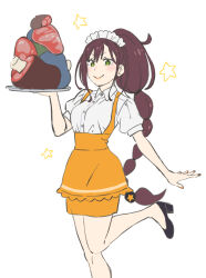  +_+ 1girl absurdres apron brown_hair collared_shirt commentary_request food hair_ornament highres long_hair looking_at_viewer maid_apron meat orange_apron orange_skirt ponytail re:zero_kara_hajimeru_isekai_seikatsu sagawa_haruka shaula_(re:zero) shirt simple_background skirt smile solo standing standing_on_one_leg white_background white_shirt 