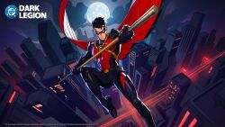  belt black_bodysuit black_gloves black_hair bodysuit boots dc:_dark_legion dc_comics gloves gotham male_focus mask multicolored_bodysuit muscular muscular_male official_art red_robin short_hair superhero_costume taut_bodysuit taut_clothes tim_drake two-tone_bodysuit utility_belt 