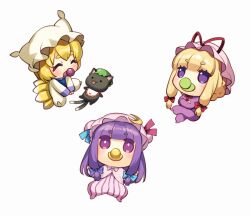  3girls ^_^ aged_down animal_hat baby blonde_hair blue_bow bow capelet character_doll chen chen_(cat) closed_eyes commentary_request crossed_arms crossed_legs doll fox_tail full_body hair_bow hat hat_ribbon kapuchii mob_cap multiple_girls multiple_tails pacifier patchouli_knowledge pink_capelet pink_hat purple_hair red_bow red_ribbon ribbon striped_clothes stuffed_animal stuffed_cat stuffed_toy tail touhou vertical-striped_clothes violet_eyes yakumo_ran yakumo_yukari 