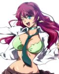  bra breasts character_request collar copyright_request green_bra hairu lingerie navel necktie open_clothes open_mouth open_shirt purple_hair shirt smile solo underwear wink 