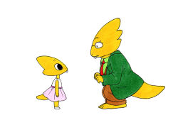  2019 2d 2girls age_difference aged_down alphys animal_nose anthro brown_pants buck_teeth child coat collared_shirt colored_skin commentary con-cognito deltarune dinosaur dinosaur_girl dual_persona duo english_commentary eye_contact female female_only from_side full_body green_coat green_shirt in-franchise_crossover lizard lizard_girl lizard_tail looking_at_another monster monster_girl multiple_girls necktie open_clothes open_coat pants pink_skirt red_necktie reptile reptile_girl reptile_tail scalie shirt shoes simple_background skirt sleeveless sleeveless_shirt standing tail teeth traditional_media undertale utdr_(toby_fox) white_background white_shoes yellow_skin 