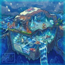  articuno artist_name aspear_berry berry_(pokemon) border cave_interior closed_eyes closed_mouth clouds cloudy_sky cold commentary cross-section crystal diorama eating english_commentary fangs food fruit grass highres holding holding_food holding_fruit horsea ice in-universe_location itshugosnook krabby ladder lying no_humans nostrils ocean on_back on_stomach open_mouth outline poke_ball poke_ball_(basic) pokemon pokemon_(creature) pokemon_focus pokemon_red/green/blue/yellow psyduck red_eyes seafoam_islands seel shellder sky slowpoke smile snow snow_angel snowing stairs stalactite stalagmite staryu tentacool tongue tongue_out trembling water waterfall white_outline zubat 