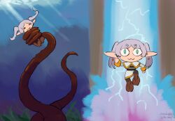  1girl :3 =_= aqua_eyes black_pantyhose boots brown_boots capelet chibi closed_mouth dated east-west_crossover elf frieren full_body grabbed_by_tentacles gravemind halo_(series) halo_2 highres jumping kanokoga light_rays long_hair neco_spirit pantyhose plasma pointy_ears robe scene_reference science_fiction seaweed short_eyebrows signature slit_pupils sousou_no_frieren tentacles tsukihime twintails underwater white_capelet white_hair white_robe 