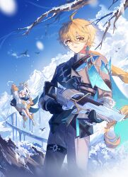  1boy 1girl ^_^ absurdres aether_(genshin_impact) aether_(night_hunt_in_snow)_(genshin_impact) ahoge arm_up armor bare_tree bird black_gloves black_jacket black_scarf blonde_hair blue_cape blue_gem blue_sky blush boots braid branch bridge buttons cape chain closed_eyes clouds cloudy_sky collared_jacket commentary constellation cowboy_shot crow day diamond_button earpiece earrings floating_cape floating_hair flying full_body fur-trimmed_gloves fur_trim gem genshin_impact gloves grey_pants gun hair_between_eyes hair_ornament hair_ribbon halo handgun hands_up happy high_collar highres holding holding_gun holding_weapon jacket jewelry lapels long_hair long_sleeves looking_at_viewer low-braided_long_hair low-tied_long_hair makisa_(wim) male_focus mechanical_halo official_alternate_costume open_mouth orange_eyes outdoors paimon_(genshin_impact) pants puffy_long_sleeves puffy_sleeves railroad_tracks ribbon romper scarf scenery short_hair shoulder_armor single_braid single_earring single_thighhigh sky smile snow solo_focus standing star_(symbol) star_hair_ornament starry_sky_print steam thigh-highs thigh_strap tree untranslatable_commentary very_long_hair weapon white_boots white_hair white_romper white_thighhighs winter yellow_halo yellow_ribbon 