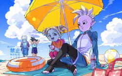  1girl 3boys :d alternate_costume arm_support arms_behind_head arms_up bag ball beach beach_towel beach_umbrella beachball black_eyes black_hair black_nails blonde_hair blue_male_swimwear blue_shorts blue_skin blue_tank_top bottle child closed_mouth clouds cloudy_sky colored_skin commentary_request day dragon_ball dragon_ball_daima dripping glorio_(dragon_ball) hands_in_pockets holding holding_bottle jacket kisakitouge_mari long_sleeves looking_at_viewer male_swimwear mohawk multiple_boys muscular muscular_male open_clothes open_jacket open_mouth orange_jacket outdoors pansy_(dragon_ball_daima) pants pectorals pink_pants plastic_bag pointy_ears purple_jacket purple_skin raglan_sleeves sand shin_(dragon_ball) short_hair short_sleeves short_twintails shorts sitting sky smile son_goku spiky_hair squatting standing stirrup_legwear swim_ring swim_trunks tank_top toeless_legwear toenails toes towel twintails twitter_username umbrella violet_eyes walking water_bottle water_drop watermark wet wet_hair white_hair yellow_eyes yellow_umbrella zipper_pull_tab 