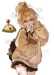  1girl antennae bag bandaged_leg bandages bomb explosive food glasses highres looking_at_viewer necktie open_mouth plants_vs._zombies potato potato_mine_(plants_vs._zombies) school_bag sentient_plant short_hair vegetable 