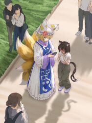  2girls absurdres alternate_costume anger_vein animal_ear_piercing animal_ears animal_hat black_eyes black_hair blonde_hair blue_tabard bracelet cat_ears cat_girl cellphone chen closed_mouth commentary_request contemporary crop_top day dot_nose drawstring dress fox_girl fox_tail gold_bracelet gold_necklace gold_ring green_pants hair_between_eyes hat heart heart_tattoo highres holding holding_phone ink_black jewelry kitsune kyuubi long_sleeves looking_at_phone midriff mob_cap multiple_girls multiple_tails necklace nekomata open_mouth outdoors pants people phone pom_pom_(clothes) shirt shoes short_hair short_sleeves smartphone sneakers spanish_commentary standing t-shirt tabard tail tattoo touhou white_dress white_shirt white_shoes white_trim wide_sleeves yakumo_ran yellow_eyes 