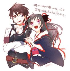  1boy 1girl akabane_raishin black_hair black_kimono commentary_request couple hair_ribbon holding_another's_arm japanese_clothes kimono kimono_skirt machine-doll_wa_kizutsukanai ribbon short_kimono short_yukata yaya_(machine-doll) yukata 