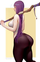  1girl absurdres alternate_costume artist_name ass bare_shoulders bikini black_leggings blush crop_top cropped_legs fern_(sousou_no_frieren) from_behind highres hotaru_sen leggings long_hair looking_back mage_staff midriff outside_border pants purple_hair shirt signature sleeveless staff standing sweat swimsuit tank_top taut_clothes upper_body violet_eyes white_background white_shirt white_tank_top yoga_pants 