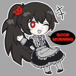  1girl absurdres apron black_dress bow bowtie bright_pupils brown_hair carmen_(project_moon) chibi commentary debbie_kimm dress enmaided frilled_apron frilled_dress frills full_body grey_apron grey_background grey_bow grey_bowtie hand_up high_ponytail highres lobotomy_corporation long_hair maid one_eye_closed open_mouth ponytail project_moon red_eyes simple_background sleeve_cuffs smile solo very_long_hair white_pupils 