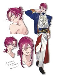  1boy blue_eyes closed_eyes closed_mouth commentary_request curtained_hair dated double-parted_bangs ensemble_stars! facing_viewer full_body glasses hair_between_eyes hair_up hand_on_own_hip hand_up highres lapels layered_clothes long_sleeves male_focus nasoruchi notched_lapels pants red_hair saegusa_ibara shoes sidelocks simple_background twitter_username white_background white_pants 