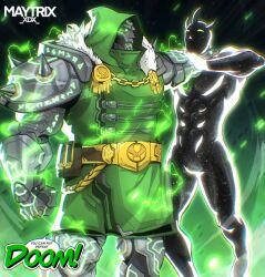  2boys alien alien_x_(ben_10) armor ben_10 ben_10:_alien_force ben_10:_omniverse cape celestialsapien choke_hold colored_skin crossover doctor_doom fantastic_four gloves glowing glowing_eyes green_cape green_eyes green_hood green_tunic grey_armor helmet highres hood hooded_cape horns male_focus marvel marvel_rivals mask maytrixxdx metal_mask multiple_boys neck_grab omnitrix omnitrix_symbol power_armor space strangling tunic universe 