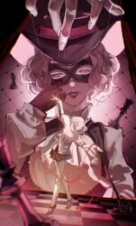  1girl absurdres ascot axe ballet board_game brown_hair cavalier_hat character_doll chess chess_piece chessboard collared_shirt disembodied_hand doll doll_joints domino_mask eye_mask fingernails fluffy_hair frills gloves hat hat_feather highres joints junoracle lips lipstick long_sleeves looking_down makeup marionette mask noir_(persona_5) okumura_haru pantyhose parted_lips pawn_(chess) persona persona_5 pink_eyes pink_sweater puppet puppet_strings purple_gloves queen_(chess) ribbed_sweater shirt short_hair solo string string_of_fate sweater 