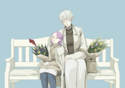  2girls absurdres alternate_costume alternate_hairstyle anno_im bench black_sweater bleach blue_pants bouquet braid breasts closed_eyes coat commentary_request dress fur-trimmed_dress fur_trim highres holding holding_bouquet kotetsu_isane kusajishi_yachiru large_breasts long_coat medium_hair multiple_girls one_side_up pants pants_under_dress purple_hair ribbed_sweater short_hair_with_long_locks side_braid sleeping sleeping_upright sweater sweater_dress turtleneck turtleneck_sweater white_coat white_hair white_pants 
