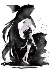  1girl absurdres animal_motif barefoot black_dress black_vs_white check_commentary commentary_request dress fish floating flower goldfish hair_flower hair_ornament highres ink limited_palette obi off_shoulder original sash sin0a space star_(sky) white_hair 