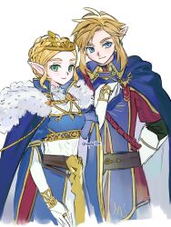  1boy 1girl arm_behind_back artist_name blonde_hair blue_cloak blue_eyes bracer breasts cloak closed_mouth commentary_request cowboy_shot crown earrings ermine fur-trimmed_cloak fur_trim gloves gold_trim green_eyes highres holding_hands jewelry link medium_breasts military_uniform official_alternate_costume opleillle parted_bangs pointy_ears princess_zelda revision royal_guard_set_(zelda) sidelocks smile swept_bangs the_legend_of_zelda the_legend_of_zelda:_breath_of_the_wild twitter_username updo upper_body weasel white_background white_gloves 