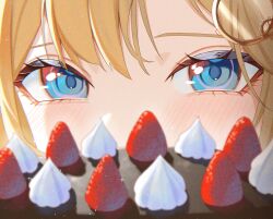  1girl birthday_cake blonde_hair blue_eyes blush cake chocolate_cake food fruit hair_between_eyes hair_ornament highres hololive hololive_english icing looking_at_viewer monocle short_hair strawberry watson_amelia watson_amelia_(1st_costume) yubbiidraw 