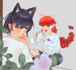  2girls animal_ear_hairband animal_ears black_eyes black_hair black_shorts blue_eyes blush braid cat_ear_hairband cat_ears commentary_request dog_ear_hairband dog_ears fake_animal_ears flower hair_flower hair_ornament hairband highres lara_(sayonara_lara) long_hair multiple_girls neruer_h ootsu_mari open_mouth purple_flower red_hair sayonara_lara shirt short_hair shorts single_braid smile stitched_tongue white_flower white_shirt 