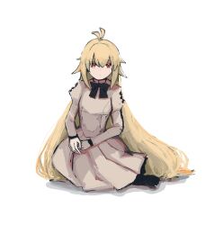  1girl antenna_hair arcueid_brunestud black_bow black_pantyhose blonde_hair bow buttons closed_mouth commentary_request dot_mouth dress dress_bow eco-arc expressionless frilled_dress frilled_sleeves frills hair_between_eyes highres long_dress long_hair looking_at_viewer no_shoes pantyhose plaid_clothes plaid_dress red_eyes sidelocks simple_background single_hair_intake sitting solo tsukihime tsukihime_(remake) white_background white_dress yarakasitenaita 