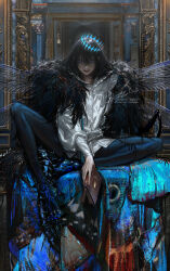  1boy absurdres arthropod_boy arthropod_limbs au_(d_elete) blue_eyes book bug cape centipede crown diamond_hairband dragonfly_wings fate/grand_order fate_(series) full_body fur-trimmed_cape fur_trim grey_hair highres holding holding_book insect_wings knee_up leggings long_sleeves looking_at_viewer male_focus medium_hair oberon_(fate) oberon_(third_ascension)_(fate) shirt sitting solo white_shirt wing_cape wings 