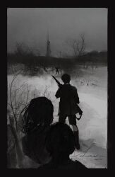  1girl 3boys arms_up bare_tree battle_rifle battlefield black_boots black_border black_hair black_jacket black_shorts boots border branch from_behind grey_sky greyscale gun gun_sling haze highres holding holding_gun holding_weapon jacket knee_boots long_hair looking_afar monochrome multiple_boys original overcast radio_tower rifle shengdi_yage short_hair shorts signature silhouette sky snow standing surrendering tree two-handed weapon 