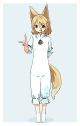  1girl absurdres animal_ears arm_behind_back blonde_hair blush border brown_eyes closed_mouth commentary_request dot_nose fox_ears fox_girl fox_shadow_puppet fox_tail full_body green_nails green_ribbon grey_background hair_between_eyes hand_up highres kudamaki_tsukasa leftame long_hair_between_eyes long_torso looking_at_viewer medium_hair nail_polish ribbon romper short_sleeves simple_background sleeve_ribbon smile socks solo standing tail touhou white_border white_romper white_socks 