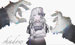  1girl animal blue_eyes blunt_bangs choker closed_mouth commentary corrupted_twitter_file cross-laced_clothes cross-laced_dress dress dress_flower english_commentary english_text flower glitch grey_background grey_dress grey_hair hair_flower hair_ornament hair_ribbon hairband highres holding holding_animal jiobor juliet_sleeves lace-trimmed_choker lace_trim long_hair long_sleeves looking_at_viewer official_alternate_costume official_alternate_hairstyle pink_flower pink_rose pov project_sekai puffy_sleeves purple_ribbon rabbit ribbon rose shadow_shadow_(vocaloid) sidelocks simple_background smile solo upper_body white_choker white_flower white_hairband white_rose yoisaki_kanade 