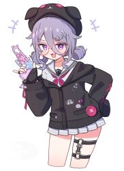  1girl :3 beret bespectacled black_cardigan black_gloves black_hat blush cardigan cropped_legs fang fingerless_gloves glasses gloves gun hair_between_eyes hand_on_own_hip handgun hat highres holding holding_gun holding_weapon hololive hololive_english jewelry koseki_bijou looking_at_viewer medium_hair miniskirt neckerchief necklace open_mouth purple_hair red_neckerchief school_uniform shirt shutowl simple_background skin_fang skirt smile solo sparkle_hair_ornament thigh_strap violet_eyes virtual_youtuber weapon white_background white_shirt white_skirt 