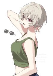  1girl alternate_hair_length_(shorter) arm_behind_head bare_arms bare_shoulders black-framed_eyewear blonde_hair blue_pants commentary crop_top detached_sleeves from_side fu_iwashibou green_tank_top hair_between_eyes hand_in_own_hair highres looking_at_viewer looking_to_the_side midriff official_alternate_costume official_alternate_hairstyle pants parted_lips pink_eyes saijo_claudine short_hair shoujo_kageki_revue_starlight solo sunglasses tank_top twitter_username unworn_eyewear 