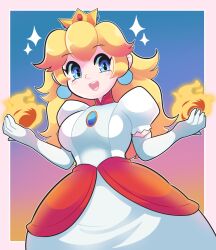  1girl :d absurdres blonde_hair blue_eyes border breasts cowboy_shot crown dress earrings elbow_gloves fire fire_peach gloves gold_crown gown gradient_background highres jewelry long_hair looking_at_viewer medium_breasts onigiri_punch open_mouth outside_border princess_peach puffy_short_sleeves puffy_sleeves pyrokinesis short_sleeves smile solo sparkle sphere_earrings super_mario_bros. the_super_mario_bros._movie white_dress white_gloves 