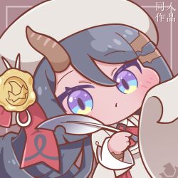  1girl blue_eyes blush brown_background chibi chibi_only commentary_request hair_between_eyes hat highres holding holding_paper holding_quill horns looking_at_viewer paper quill sherum_(trickcal) single_horn solo translation_request trickcal upper_body white_hat writing yu_rune 